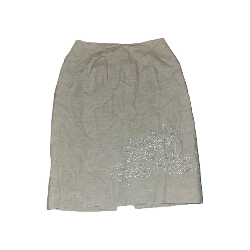 Maggie London Linen Cutout Floral Skirt 6 Beige Pencil Officecore Breathable